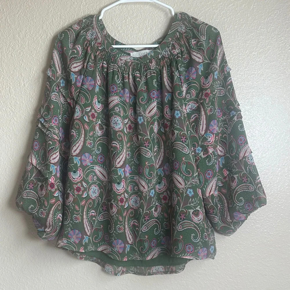 LOFT‎ Green Paisley Boho Smocked Neck Puff Sleeve Blouse Floral Top Women Size L